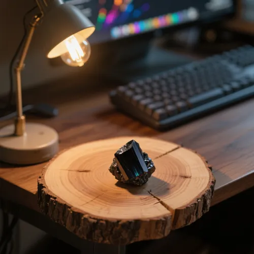 Close-up view showing authentic black tourmaline striations and surface texture